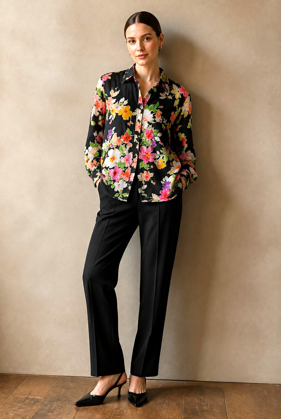 Lauren Ralph Lauren Black Floral Cotton Button-Down Shirt Vintage Size L